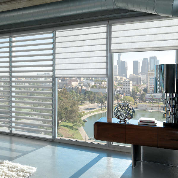 Luxaflex window blind in a lounge setting. They are versatile and stylish.