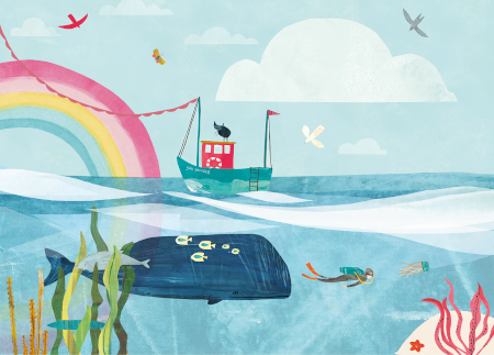 Marine image featuring a whale, fishing boat and rainbow.