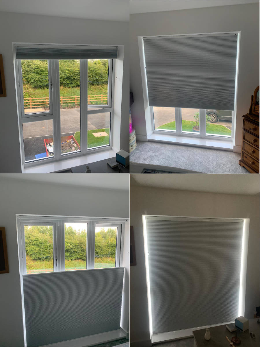 four images combined showing Duette window blinds open and close in various positions